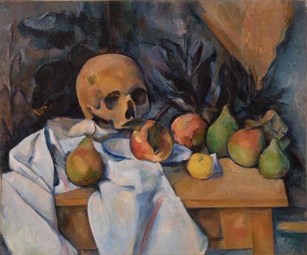 Paul Cezanne's Still Life with Skull, with fruit, a skull, and a white cloth on a table.