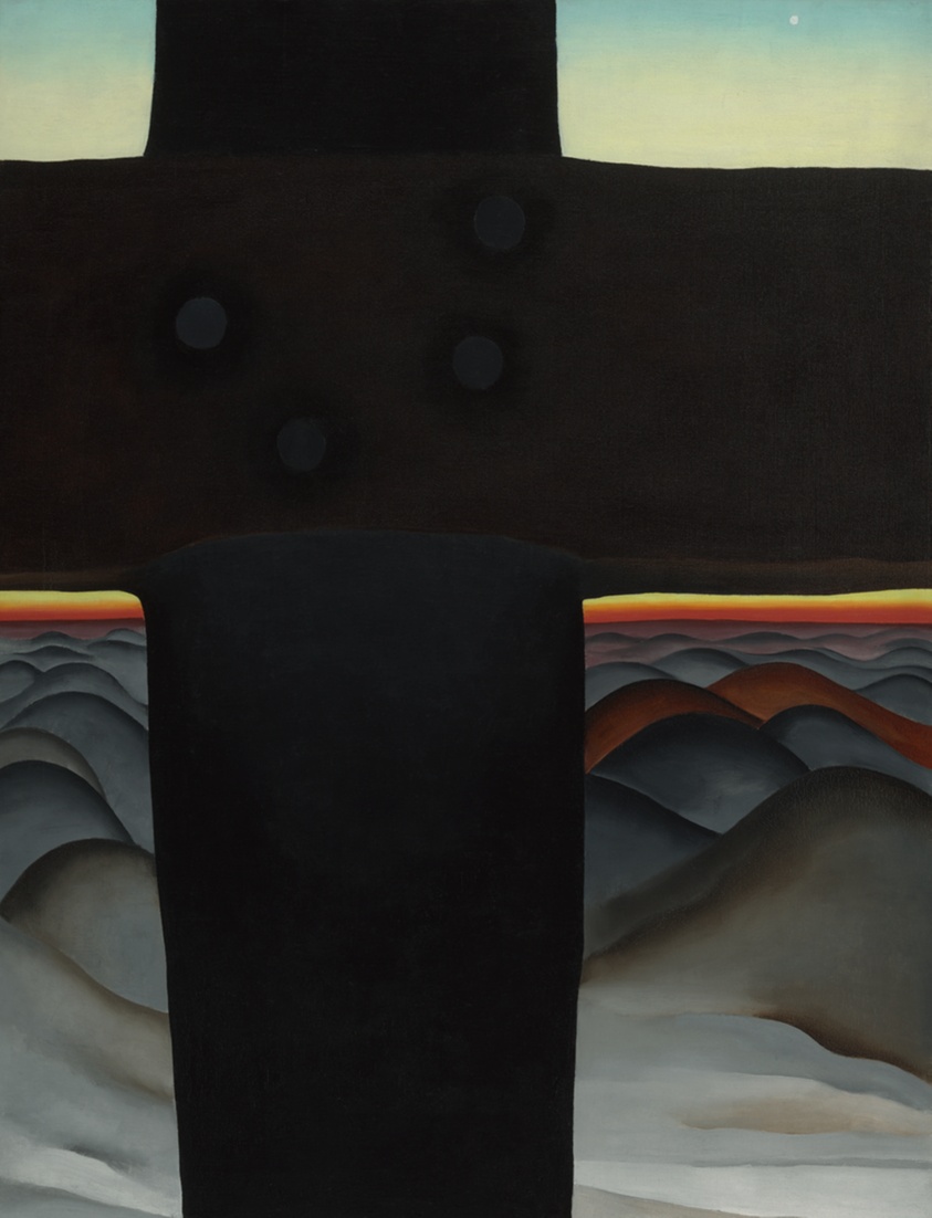 Georgia O'Keeffe's Black Cross with Stars and Blue, a black cross before blue mountains and a starry sky.